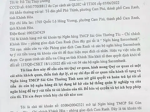 Một khách hàng gửi đơn kêu cứu đến Bộ Công an sau khi bị mất 46,9 tỷ đồng trong tài khoản của Sacombank tại Khánh Hòa